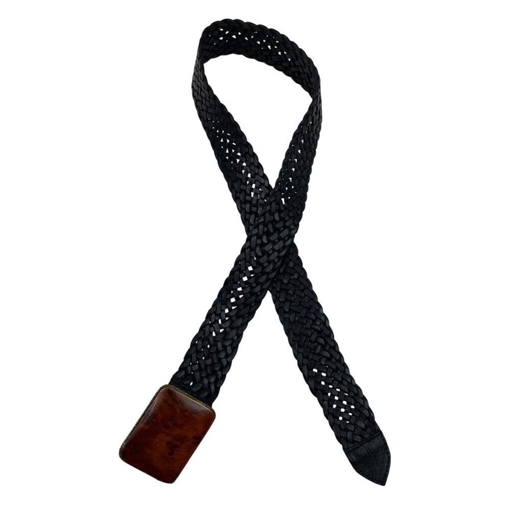 Vintage Black Braided Leather Belt With Wooden Buckle Mens Large Made In Morocco - Picture 9 of 11